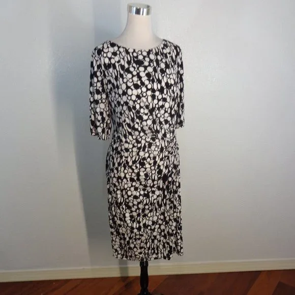 LONDON TIMES WOMAN Black/White Ruched Side Stretch Half Sleeve Dress Sz 2x NWT - Picture 2 of 7